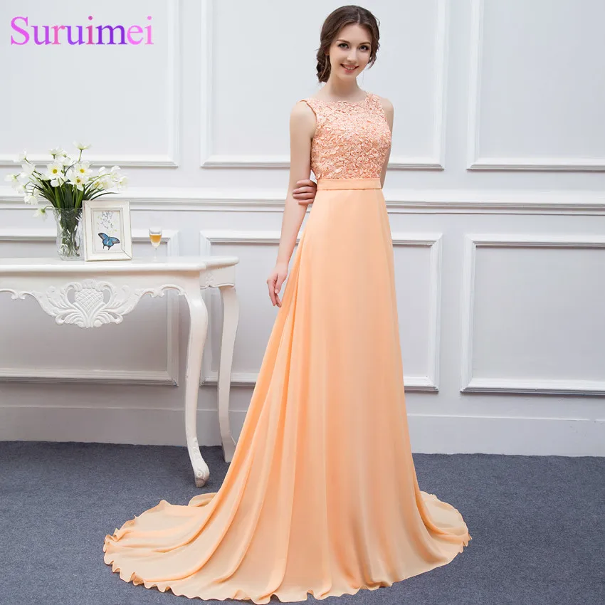

Free shipping!High quality nude back chiffon lace long peach color bridesmaid dress brides maid dress BD111