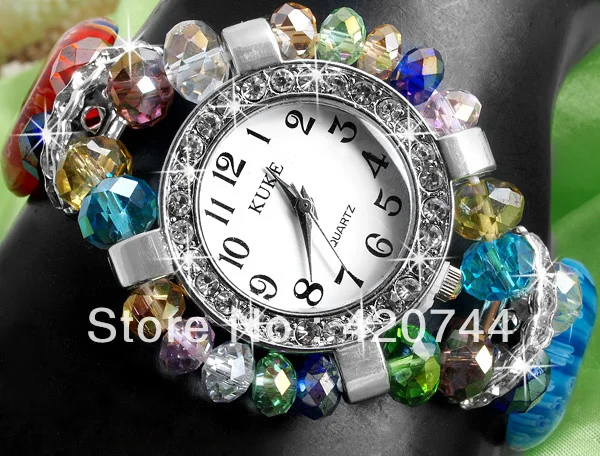 Браслет с бусинами из хрустального муранского стекла 2 шт. + шикарные круглые часы