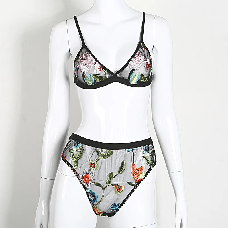 Новый Для женщин пикантные Постельное белье Sheer Черный Тюль Цветочные Вышивка