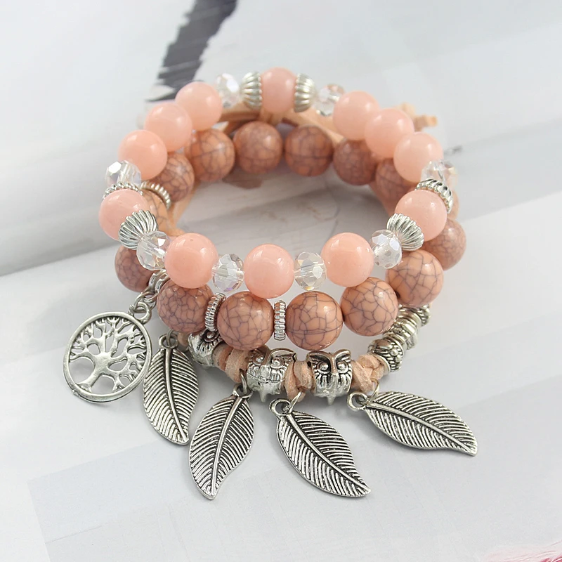 Natural Pattern bead Bracelet Multiple circles DIY Colorful Stone pattern crystal Bead Silver leaf Owl 3D carve Jewelry gifts | Украшения и