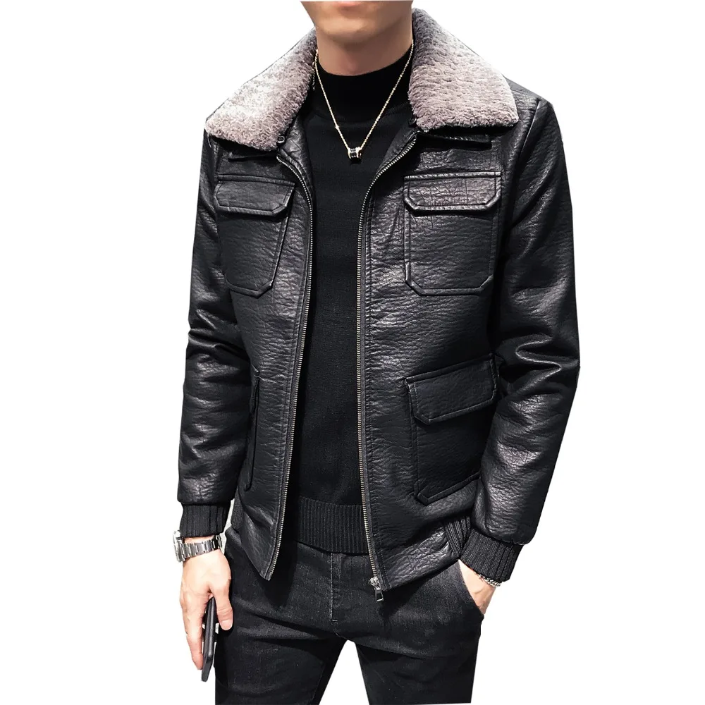 

2019 New Korean Style Black Faux Leather Jacket Men Slim Fit Multi-pocket Wool Liner Collar Winter Warm Mens Windbreakers Coat