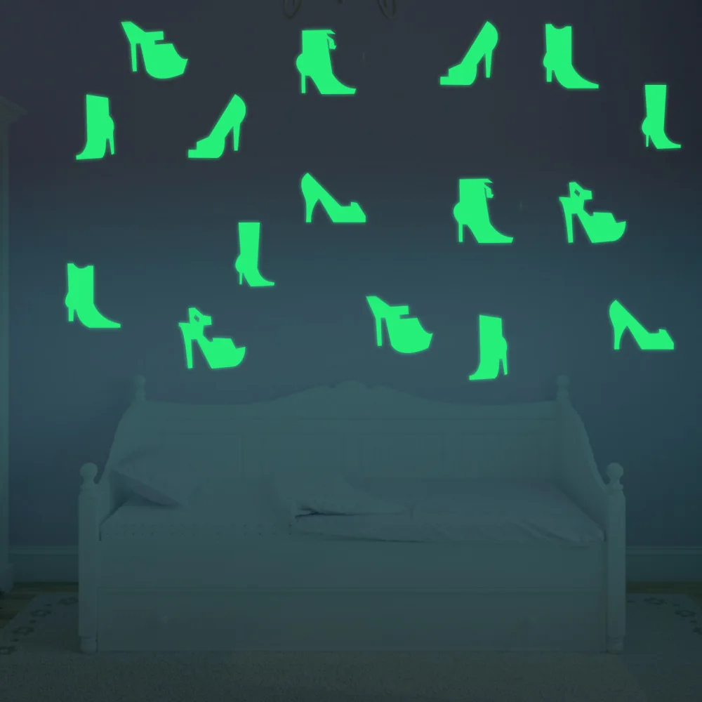 

2016 Hot (1 set/package)Luminous Wall Stickers High-heeled Shoes Decorative Wall Children Home Decoration Originality& Cartoon