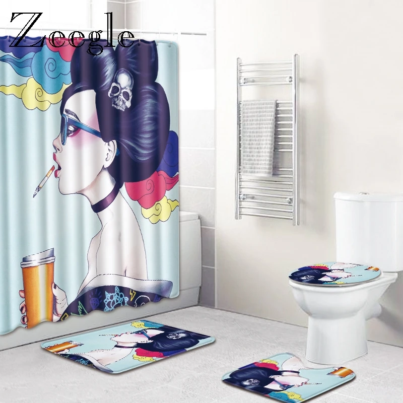 

Zeegle Carpet for Bathroom Anti Slip Mat Portrait Pattern Foot Mat with Shower Curtain Polyester Waterproof 4PCS Bath Rugs