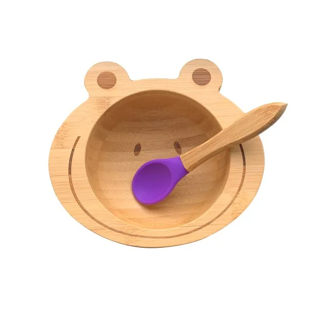 Purple Bowl andSpoon Миска на присоске из бамбука и силикона, детская Тарелка на присоске, Бамбуковая посуда для кормления детей, миска для кормления ребенка - Цвет: Purple Bowl andSpoon