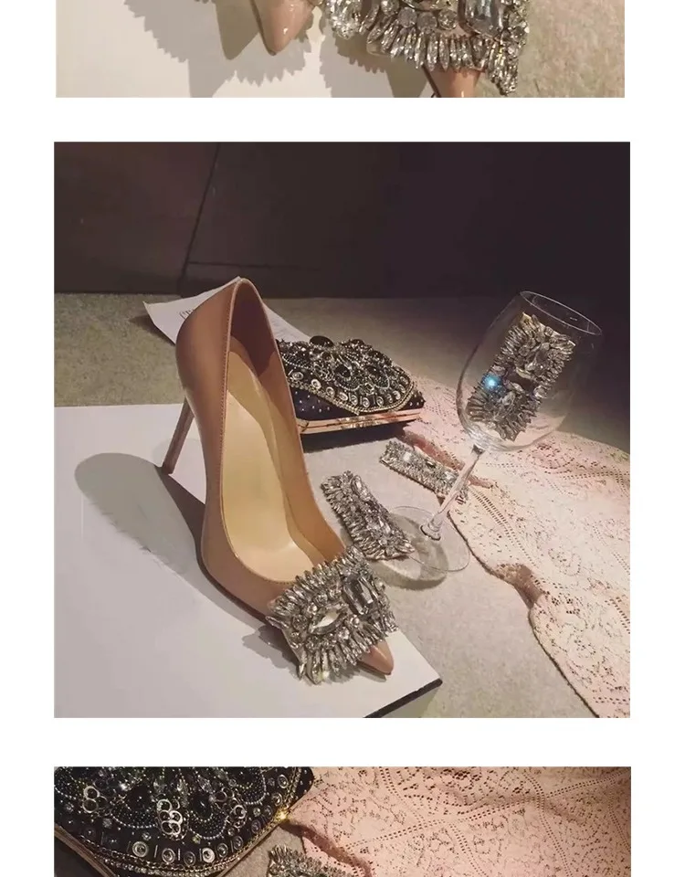 Kmeioo Sheepskin Shoes Woman Crystal High Heels Pointed Toe Thin Heel Pumps Women Stiletto For Evening Wedding Shoes Laides