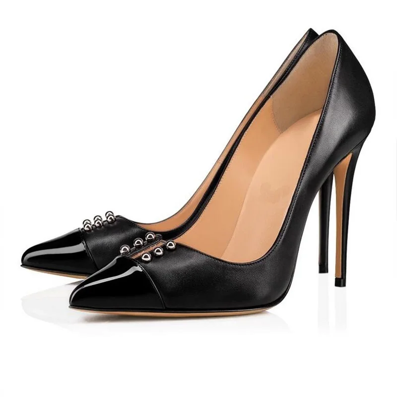 

sexy black leather pointed toe high heel shoes 2019 fashion rivets studded stiletto heels women thin heels shoes size 34-46
