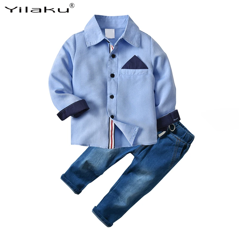 Модный комплект детской одежды Yilaku рубашка с длинным рукавом + джинсовые брюки