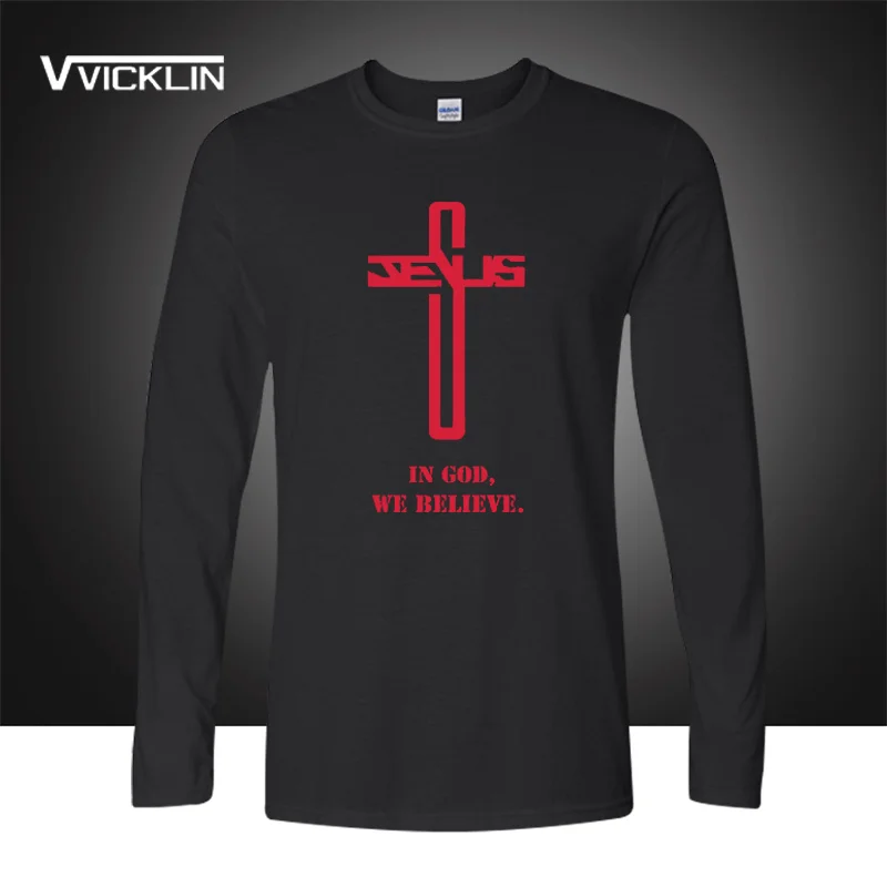 In God We believe printed t shirt long sleeve Christian Cross belief jersey tee cotton joggers blessed t-shits plus size | Мужская