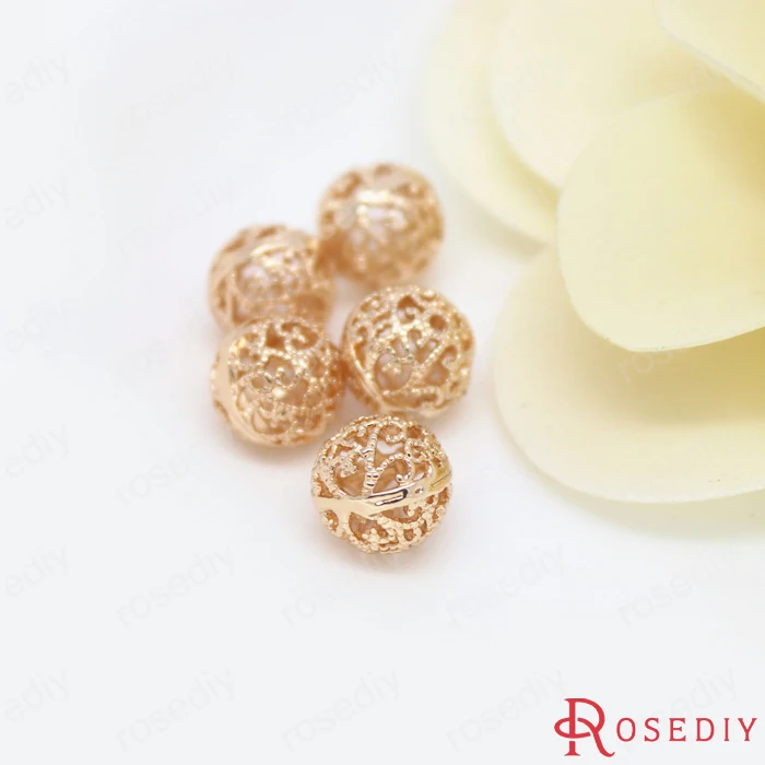 6шт. 8мм 10мм 12мм Высококачественные шампанское золото покрытые латунные полые круглые бусины с узорами для изготовления украшений.