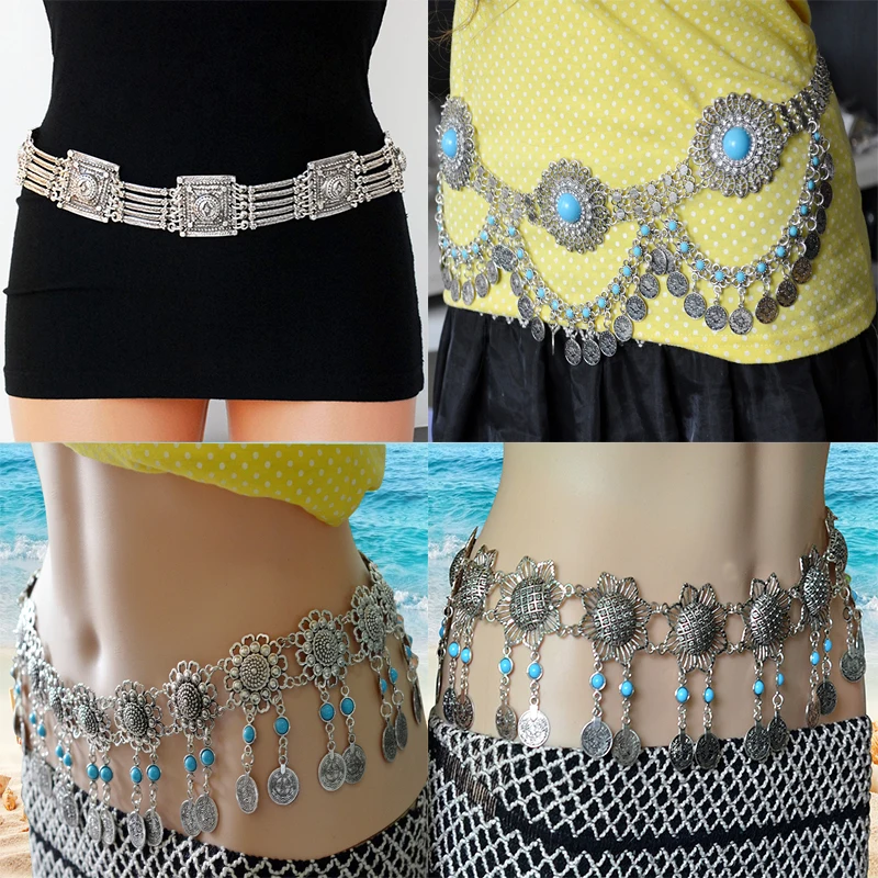 Turkish Gypsy Metal Flower Coin Tassel Waist Chains Body Jewelry Belly Dance Belt Charm Body Chain Jewelry For Women Boho