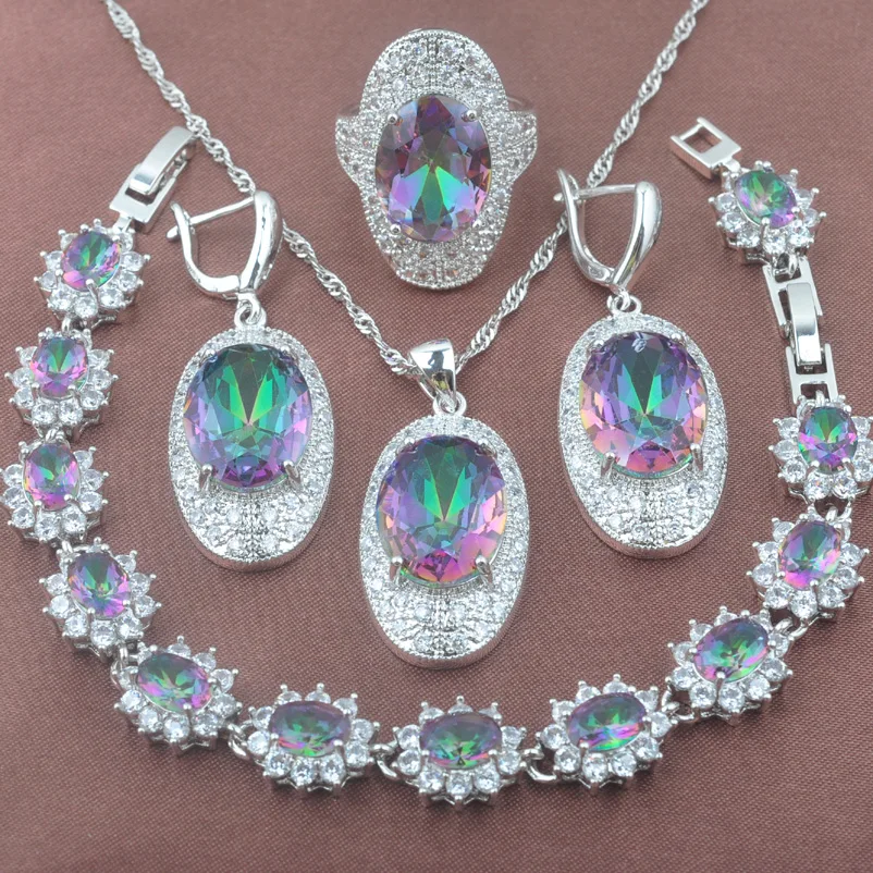 

Bridal Jewelry Sets Women's Top Wedding Gifts Multicolor Zirconia Jewellry With Bracelet Pendant Crystal Earrings Ring Set Y0586