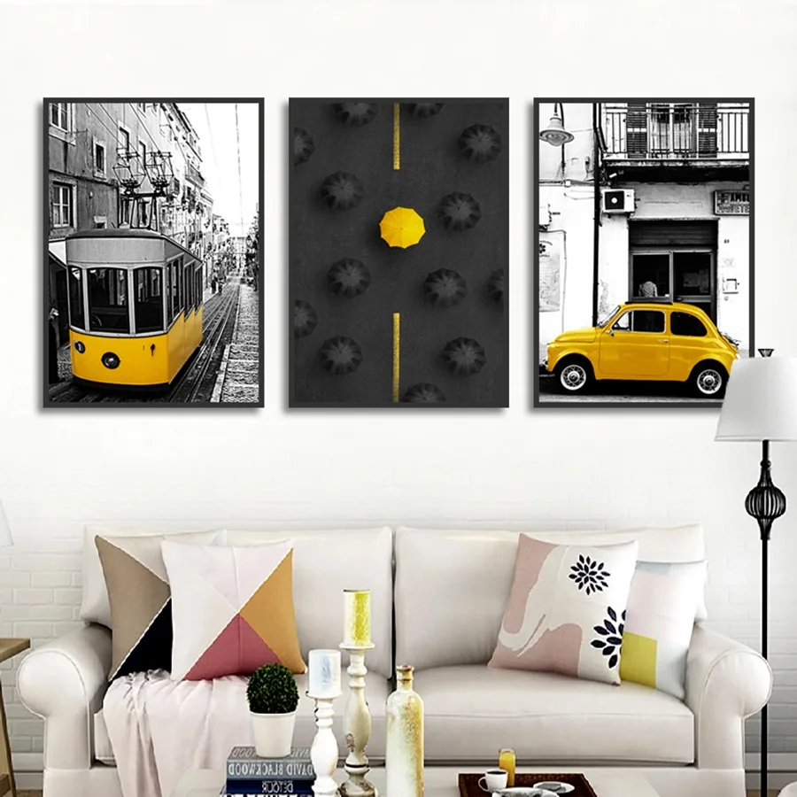 

Nordic Style HD Black Backgroud Yellow Car Umbrella Bus Canvas Print Painting Home Decoration Wall Art Picture Poster Unframed