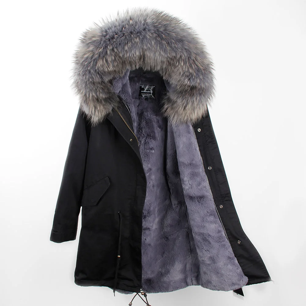 Black grey fur Бренд, женская зимняя куртка, длинная, съемная подкладка, армейский зеленый цвет, парка, большая, натуральный мех енота, пальто с капюшоном, верхняя одежда - Цвет: Black grey fur