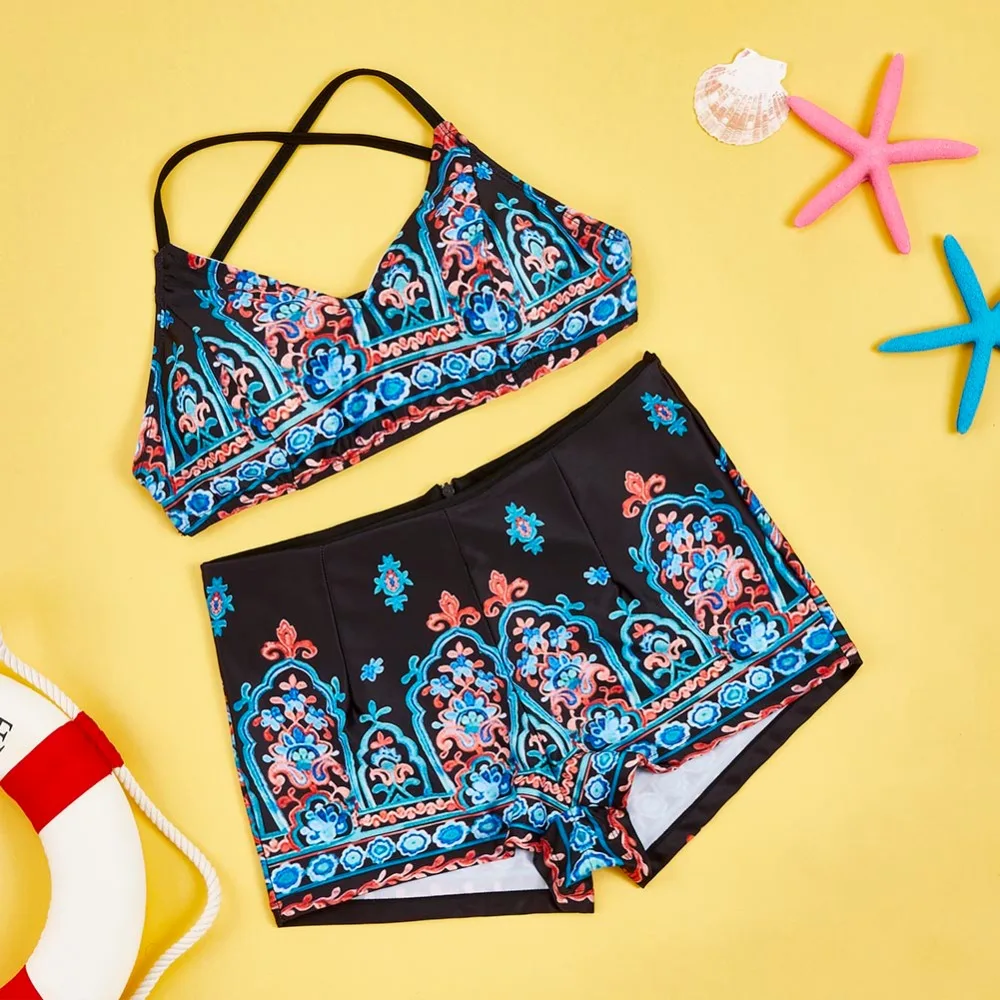 Лето 2018 винтажный комплект Танкини с принтом высокая талия женский купальник