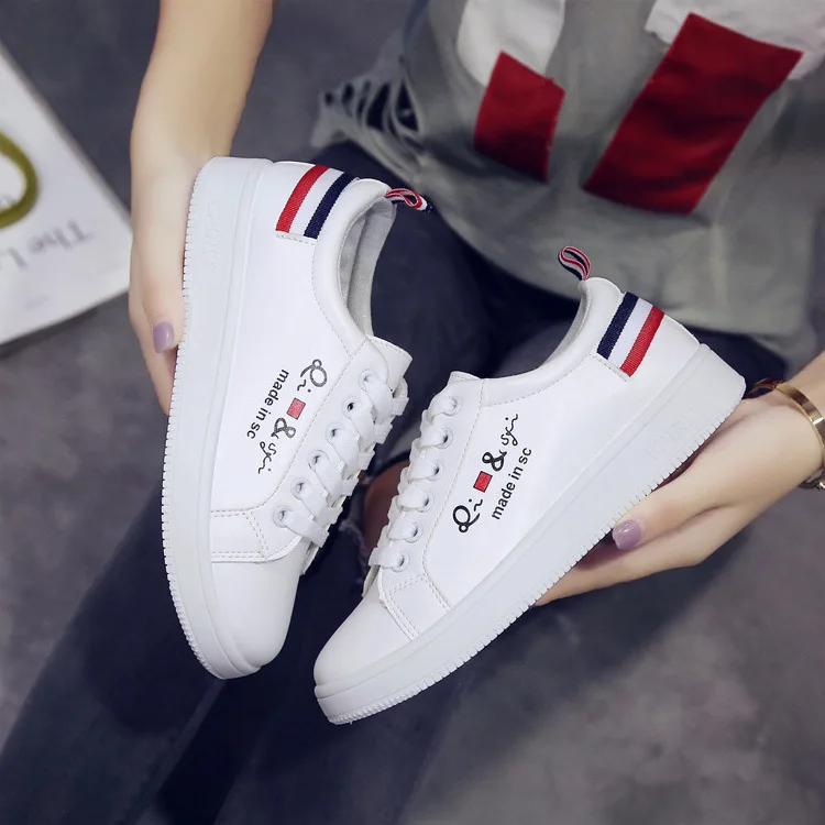 

Sneakers Solid White Casual Women Student Shoes Lace-Up Round Toe Ladies Striped PU Leather Platform Sports Flats Female Shoes