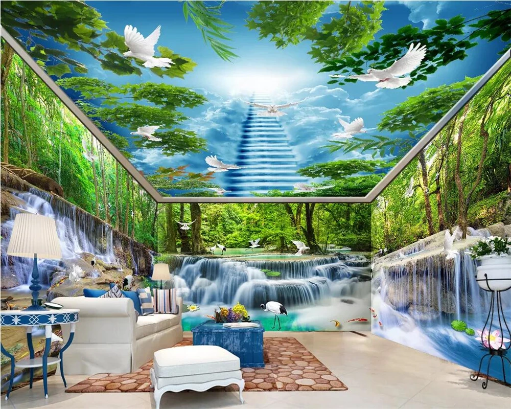 

Beibehang Custom wallpaper waterfall water forest crane crane white pigeon whole house background wall painting 3d wallpaper