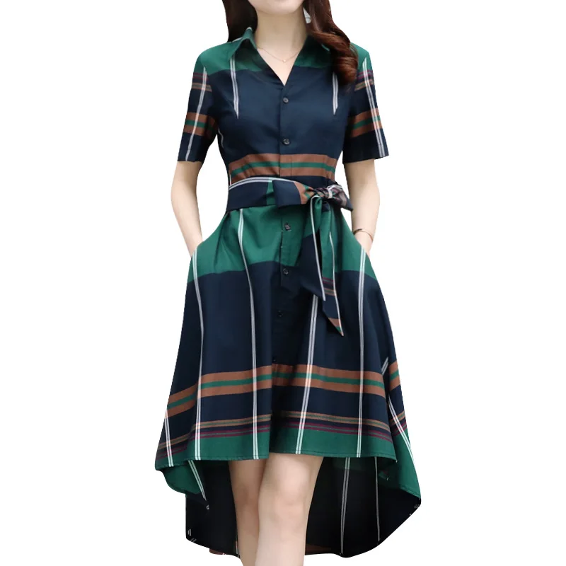 Office Ladies Fashion Dress 2019 Spring Summer Plus Size Women Vestidos De Verano Costume Green BigDress Plaid | Женская одежда