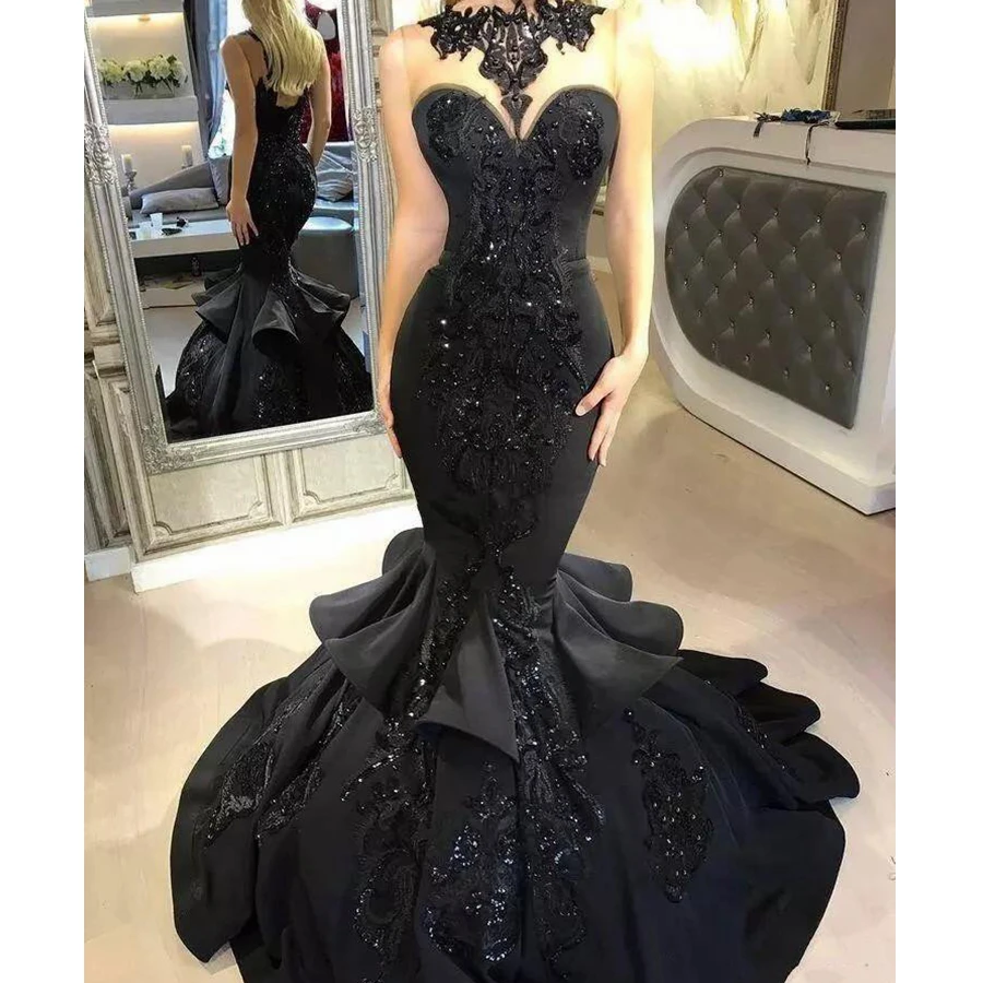 

2021 Black Long Prom Party Dresses Sexy Beaded Appliqued Cascading Ruffled Mermaid Backless Formal Wear Evening Gown