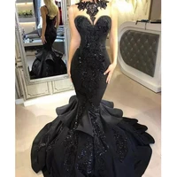 2021 black long prom party dresses sexy beaded appliqued cascading ruffled mermaid backless formal wear evening gown
