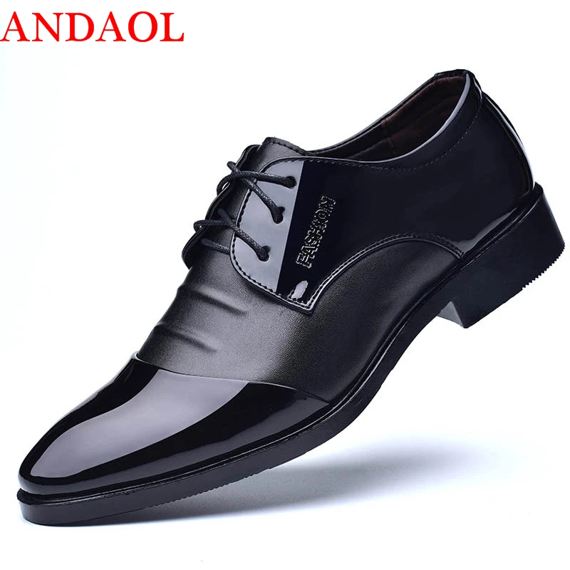 ANDAOL Men's Bright Leather Casual Shoes Top Quality Pointed Toe Business Office Luxury Lace-Up Wedding Dress Party | Обувь