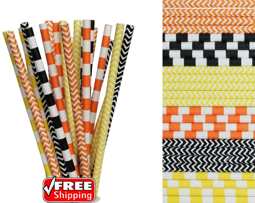 

150pcs Mixed 6 Designs Orange,Yellow and Black Themed Paper Straws-Chevron,Sailor Striped Fall Carnival Halloween Party Decor
