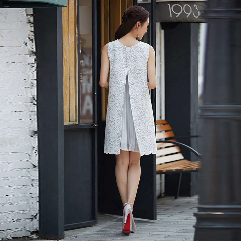 Queenus Women Lace Dress 2018 Elegant Sleeveless Party Dresses O-Neck Patchwork V Split Draped Above Knee A-Line | Женская одежда