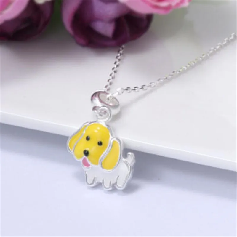 Cute Animal Real 925 Sterling Silver Necklace Fashion Blue Yellow Dog Choker Necklaces For Women Sterling-Silver-Jewelry H016 | Украшения и
