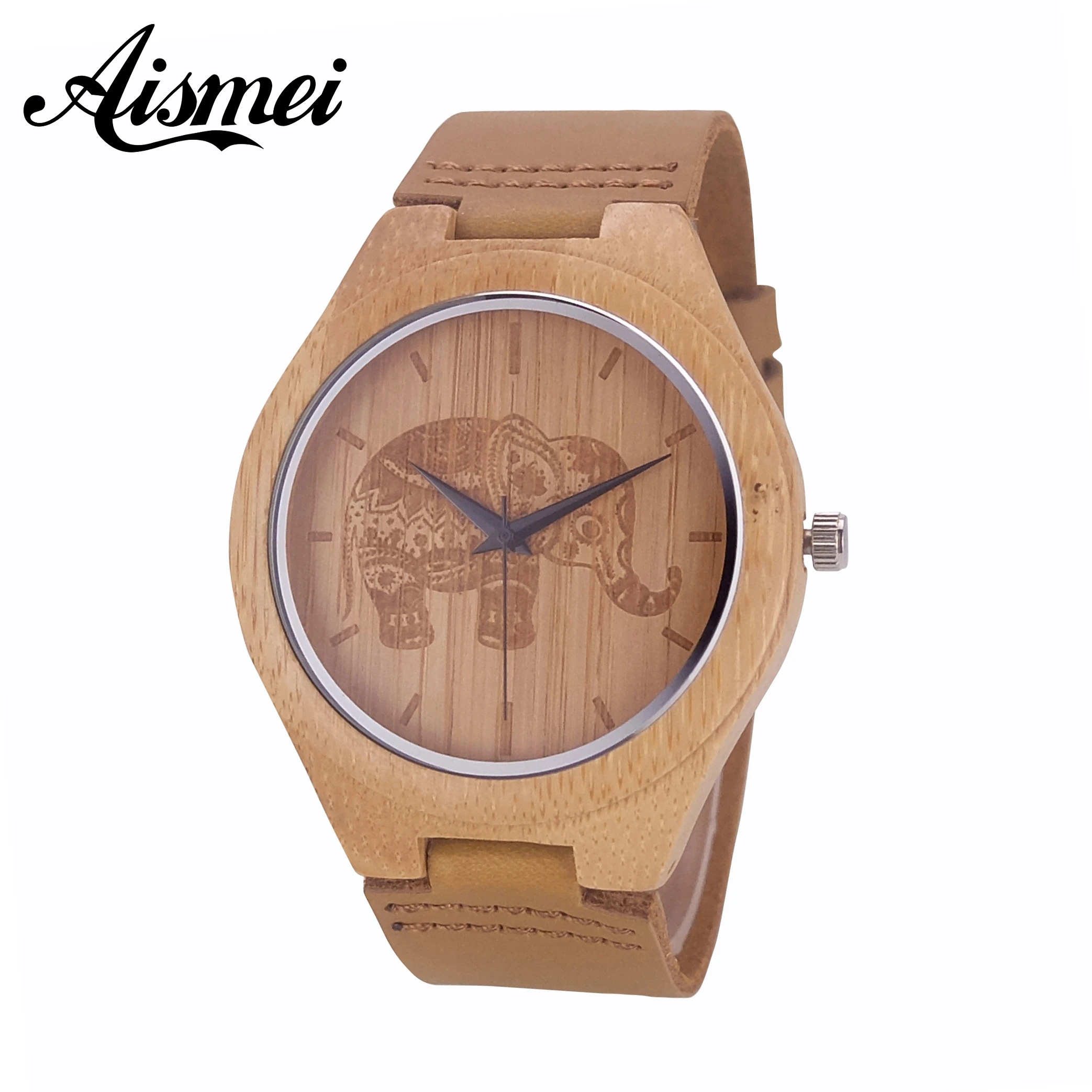 

Часы с гравировкой в виде слона из бамбука, кварцевые наручные часы для мужчин и женщин, 2018