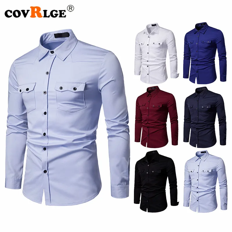 

Covrlge Men's Business Shirt Slim Fit New Casual Shirts Mens Double Pocket Long Sleeve Clothes MCL197