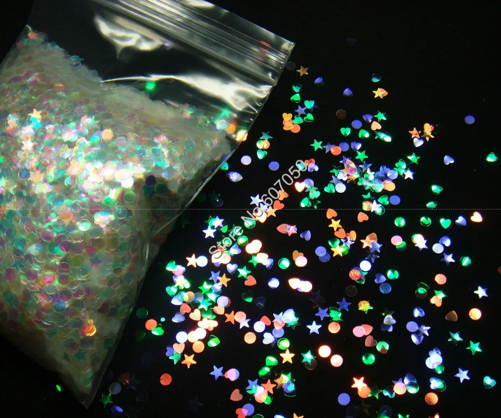 Mix Size White Glitter Round Heart Star Shape with Colorful Purple Gold Green Light Tint for Nail Craft Art Decoration | Красота и