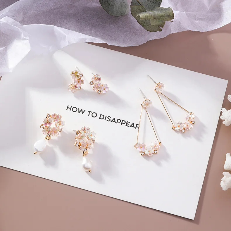 MENGJIQIAO 2019 Japan New Colorful Elegant Shell Flower Drop Earrings For Women Shiny Zircon Freshwater Pearl Pendientes Jewelry | Украшения