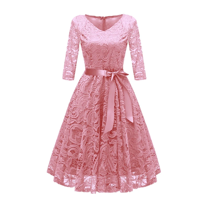 

2019 Spring and autumn Lace Hollow Dresses Leisure loose Seven-quarter sleeve V-Neck Long dress aa1020