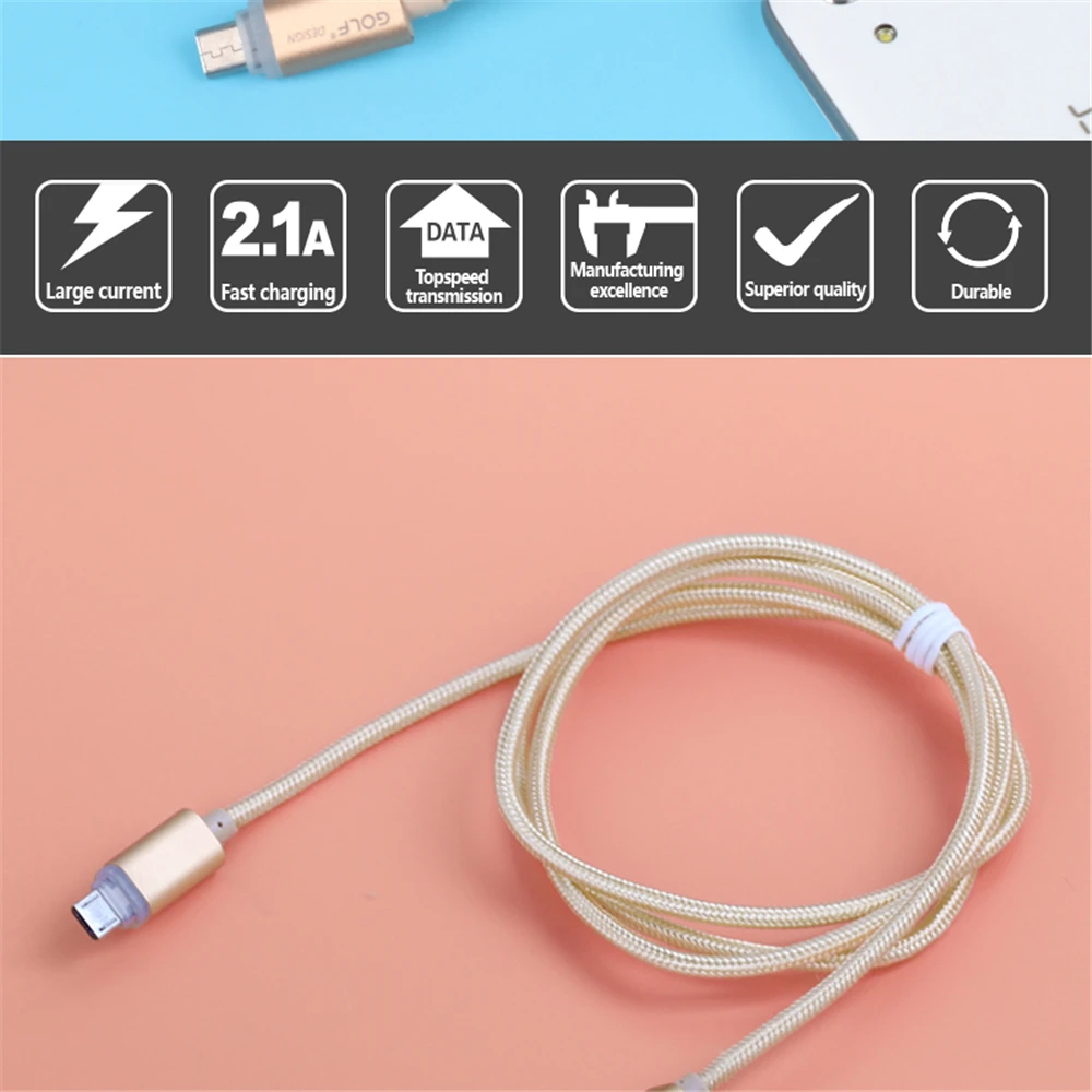 Golf 1 м металлический Плетеный умный светодиодный Micro USB кабель для синхронизации данных и быстрой зарядки для samsung S4 S6 S7 LG G3 G4 V10 Android кабели для зарядки
