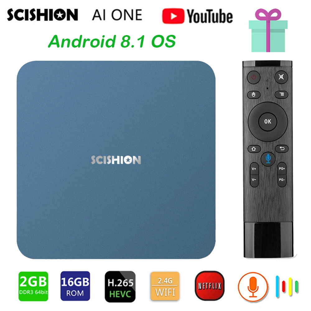 Хит продаж SCISHION AI One Android 8 1 ТВ приставка Rockchip 3328 четырехъядерный 2 Гб 16 WiFi BT4.0 4K