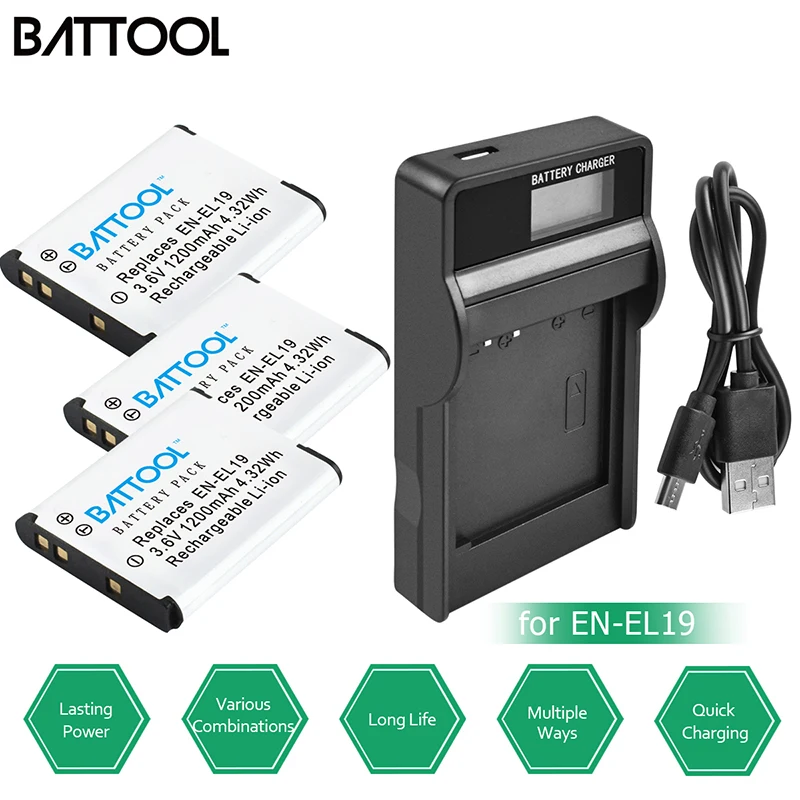 Batcool 1.2Ah EN EL19 аккумулятор + LCD зарядное устройство для Nikon Coolpix S33 S32 S3600 S3700 S4300 S5200 S6800