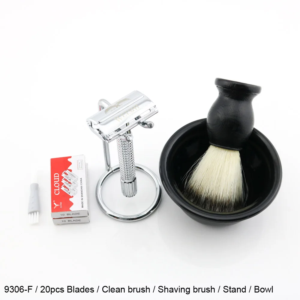 9306-F SET2 Безопасная бритва Weishi 9306-F 9306-C Темно-серого цвета 9306-I Бронзовый Матовый Черный с подставкой+ 20 шт. лезвия+ чаша+ щетка для бритья, Новинка - Цвет: 9306-F SET2
