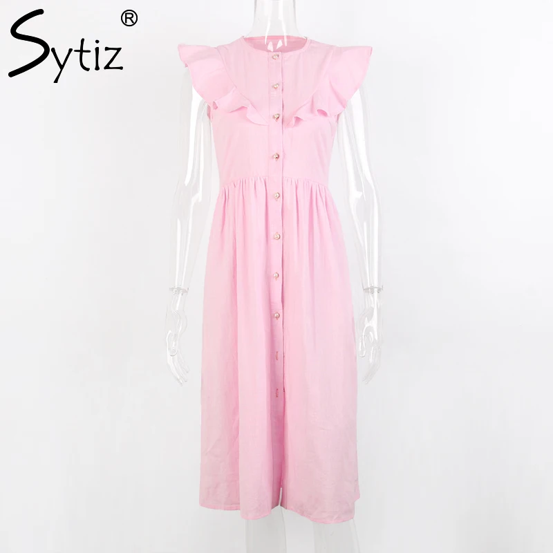 Sytiz Pink Sweet Ruffles Dress Women 2018 Spring Summer Casual Sleeveless Button Vestidos Mid-Calf Sexy A-Line Dresses | Женская одежда