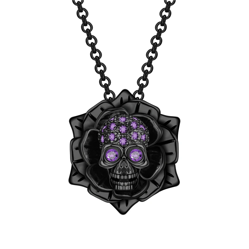 Black Purple Роза панк череп Циркон ожерелье с кристальным подвесом Черные бусы День рождения Свадьба подарок ювелирные изделия Прямая - Окраска металла: Black Purple