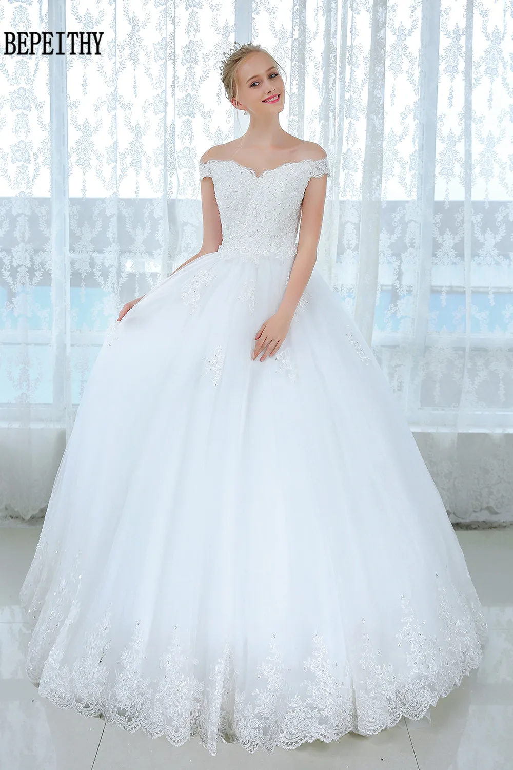 BEPEITHY Vestido de noiva кружевное Тюлевое свадебное платье с открытыми плечами Свадебные платья с аппликацией