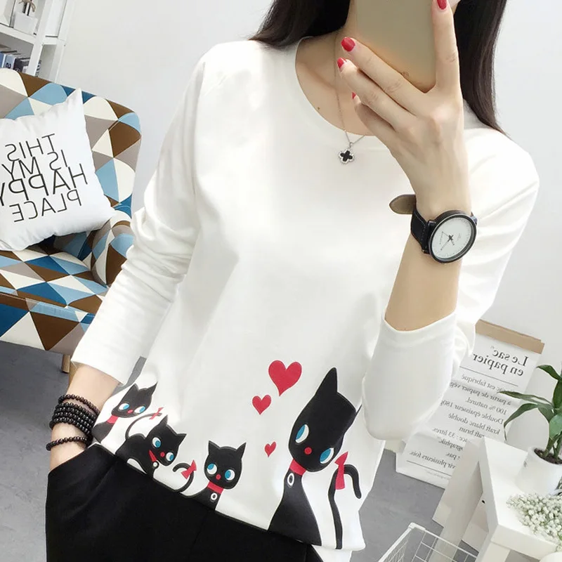 2017 Новый Осенняя Мода Мультфильм Кошки Печатные Рубашки Блузки С Длинным Рукавом