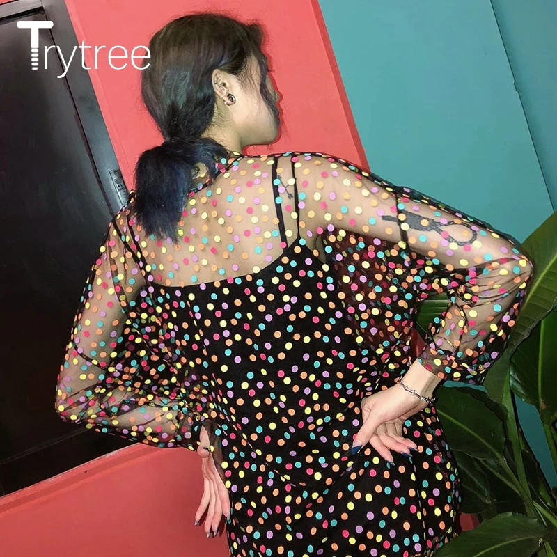 Trytree Летняя женская Повседневная футболка Модный Цветной сетчатый топ в горошек(жилет в подарок) вечерние футболки с круглым вырезом