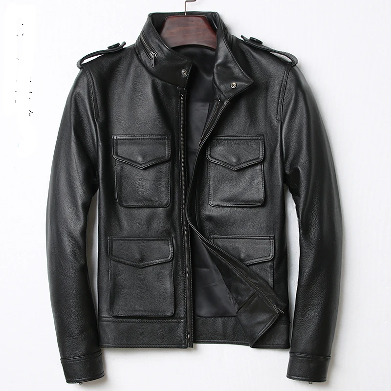 

Slim Mens Genuine Leather Jackets Cow Leather Coats Motorcycle Hunting M65 Genuine Leather Black Color