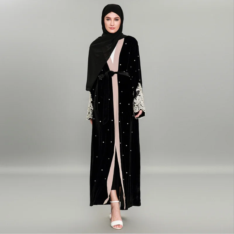 Мусульманский вельветовый кардиган с вышивкой и бисером кружевное платье макси