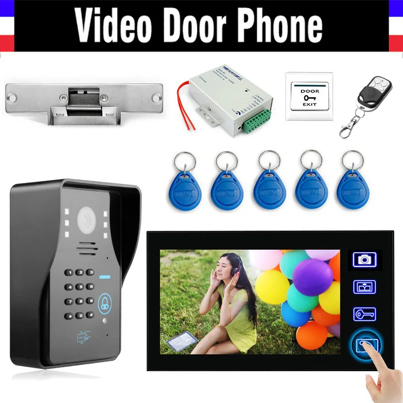 

7" Wireless Video Doorbell Password Kit with RFID Keyfobs Electronic Strike Lock wireless controller Video Door Phone Intercom