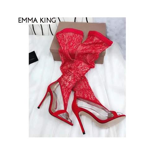 RED Sandalias Mujer Zapatos/ г. пикантные высокие сапоги-гладиаторы выше колена с Т-образным ремешком вечерние туфли на высоком каблуке с открытым носком - Цвет: RED