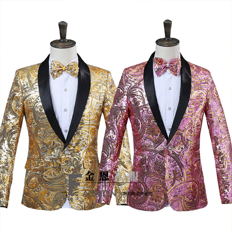 New Slim Male Suits Blazer Gold Sequins Embroidery Fashion Men Performance Costume Stage Wear Star Concert Jacket Coat | Мужская одежда