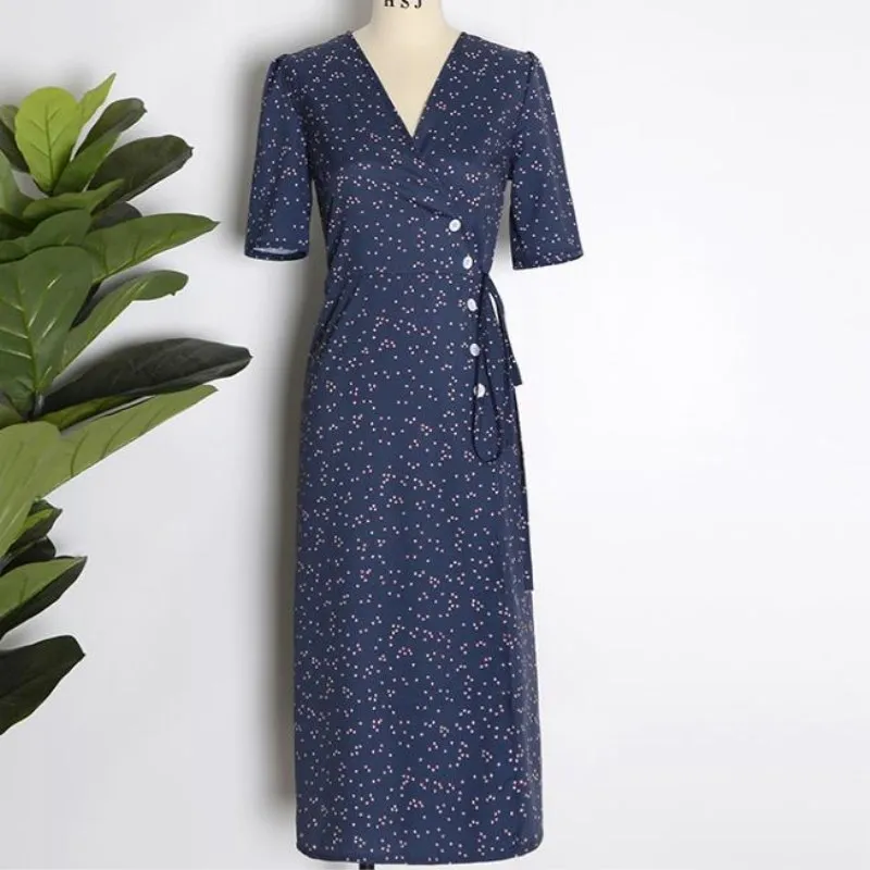 Женское винтажное платье до колена повседневное вечернее с коротким рукавом v