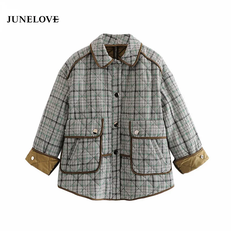 JuneLove Women Winter Vintage Chic Pockets Coat Buttons Plaid Parkas Shirt Collar Lady Long Cuffed Sleeves Outerwear | Женская одежда