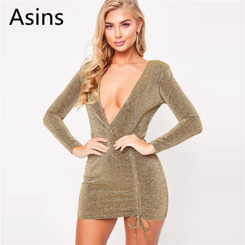 

Asins dress women 2019 spring autumn new hot casual fashion deep v neck solid color high waist long sleeve drawstring sexy dress