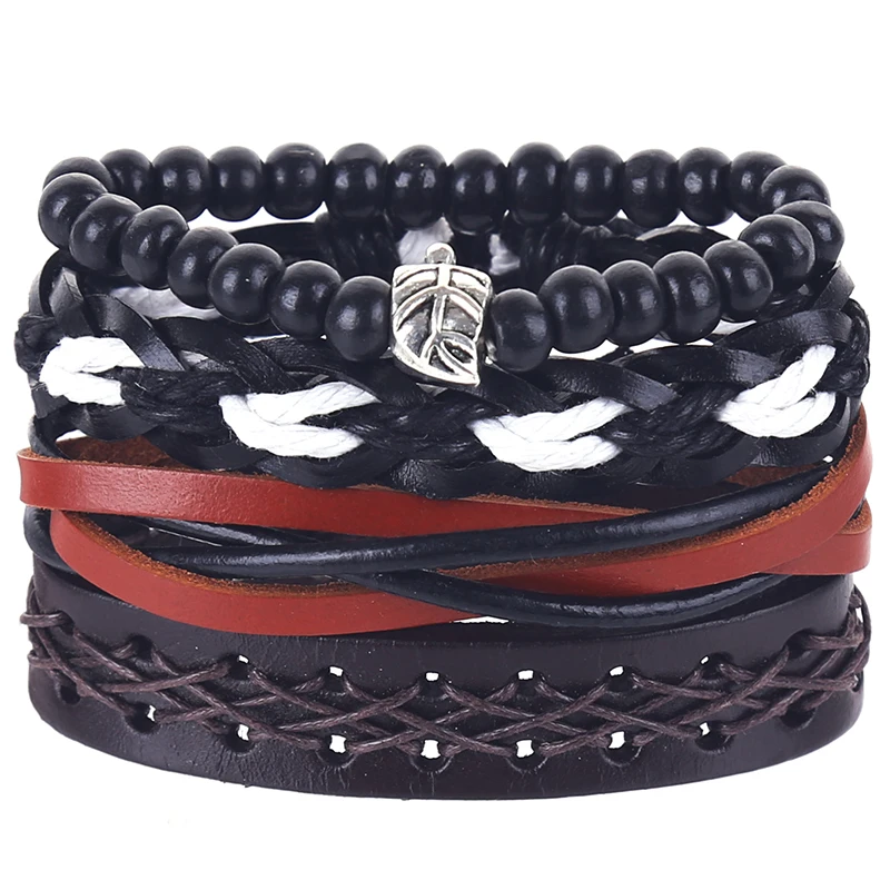 4pcs/set hippie punk black red dark brown leather braiding rope leaf charm onyx beads stackable Bracelets Bangles for man | Украшения и